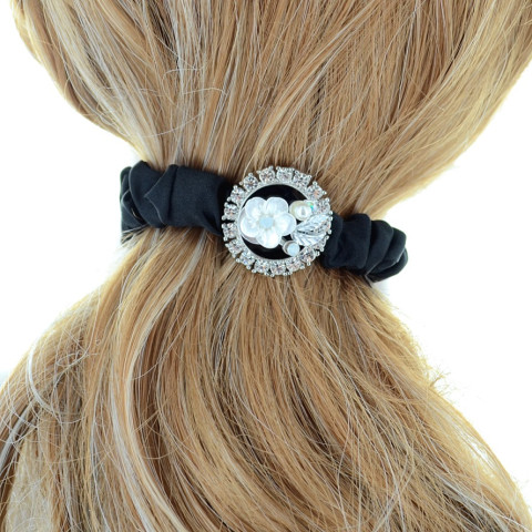 Crystal Flower Silk Like Stain Ponytail Holder