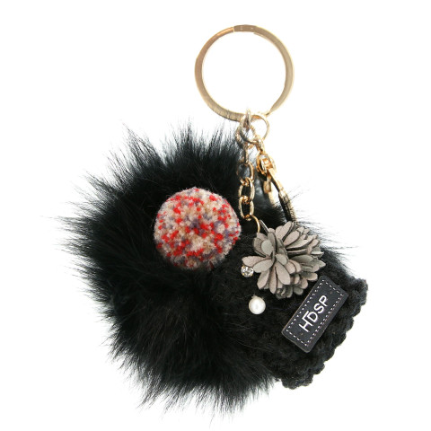 Knit Hat With Genuine Rabbit Fur Pompom Key Chain Knit Hat With Genuine Rabbit Fur Pompom Key Chain